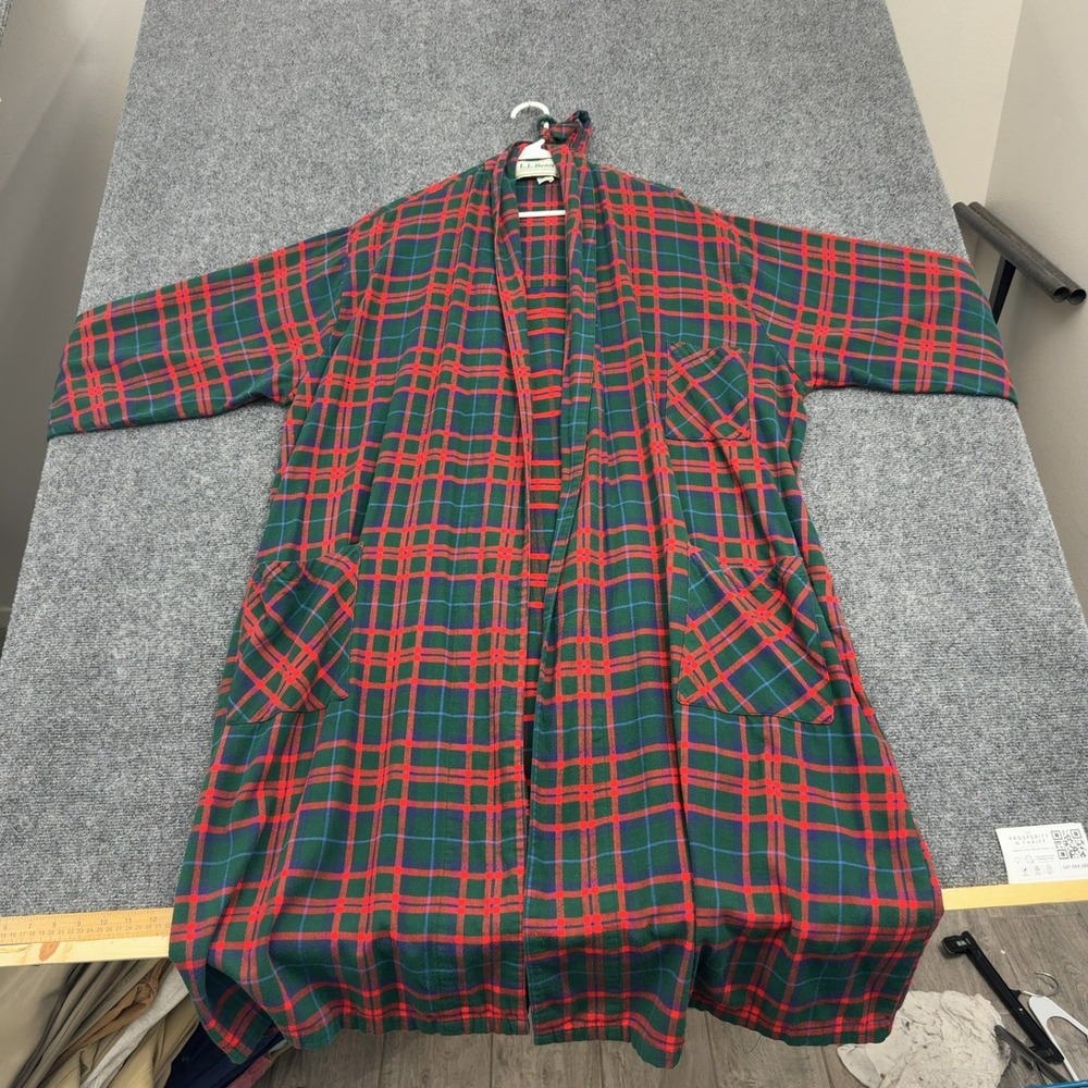 Vintage LL Bean Robe Mens 27.5x45.5 Green Red Plaid Flannel Belt Loop Flaw Cabin